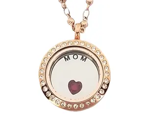 Rose Gold Stainless Steel MOM Floating Locket Necklace with Crystal Accents and Heart Charm for Women mom gift