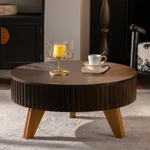 31.5" Round Coffee Table with Hidden Storage Removable Top,Modern Luxury Circle Drum Coffee Tables,Solid Wood Veneered Circle Center Table with Sturdy Pedestal for Living Room,Easy Assembly, Brown