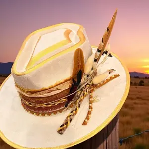 Boho Golden Prairie Wanderer Hat with Feathers and Embroidery for Women