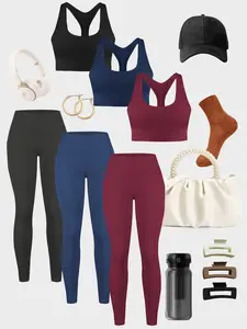 6 Pack Women's Sportswear Set, Plain Color Sports Bra & Tight Pants, Casual Pocket Design, Above the Ankle Fit, All Seasons Wear, Workout Running Outfits