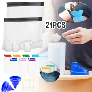 Protein Powder Travel Container Set - Reusable Powder Supplement Container To Go - 14pc Single Dose Bags and 2pc Large Travel Containers Zip Up Bags
