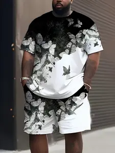 Men's oversized casual sports suit with butterfly print, round neck design, knitted fabric, slight elasticity, machine washable, extra large size Clothes