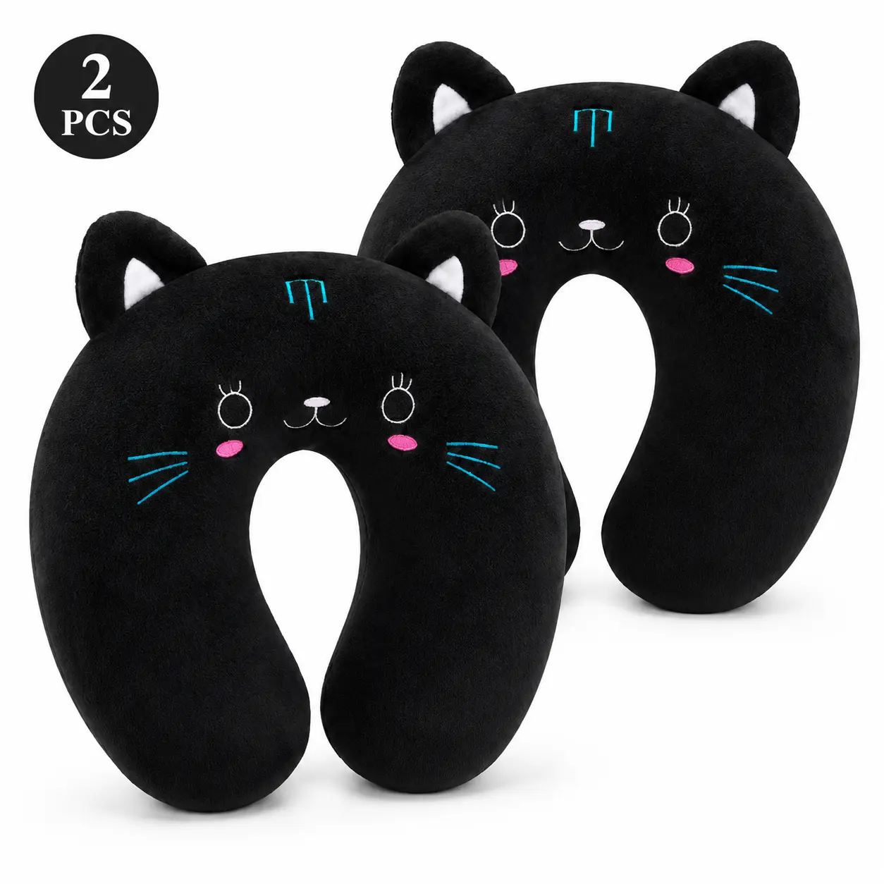 【backtoschool】ROSEKIND 2-Pack Cute Black Cat U-Shaped Travel Neck Pillows, Soft Plush Neck Support for Travel Must Haves, On-the-Go Comfort