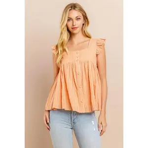 Peach Textured Ruffle Sleeve Babydoll Top