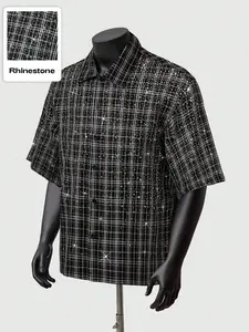 Men's shirt with gradient pattern, English print, patchwork effect, rhinestone plaid design, unisex street style, Casual Aesthetic Streetwear