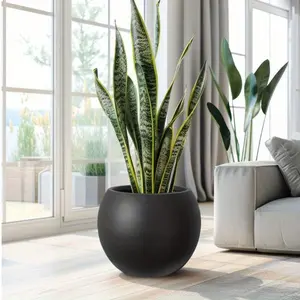 Modern Round MgO Flower Pots (Black) - Indoor Planters with Drainage Hole, Large Size Suitable for Porch & Balcony