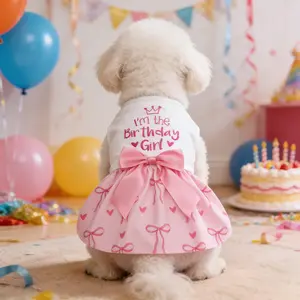 Dog Birthday Party Vest Dress with Bowknot & Crown Print, Pet Birthday Girl Dress, Cute Princess Outfit for Small Medium Dogs (Bichon/Teddy/Poodle)