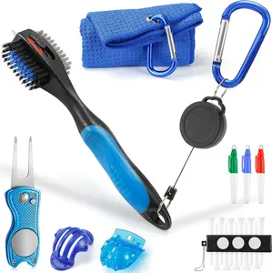 Sprookber Golf Accessories Set - PRO Retractable Club Brush, Microfiber Waffle Pattern Golf Towel, Divot Repair Tool, Club Cleaning Kit