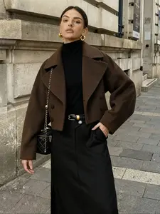 Women's Winter Wool Coat, Stand Collar Long Sleeve Design, Coffee Color Outerwear for Fall & Spring, Commuter Style Warm Jacket