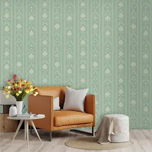 Vintage Damask Wallpaper, Mint Base, PVC Adhesive Backing, Easy Peel & Stick, Ideal for Kitchen, Living Room, Bedroom Decor