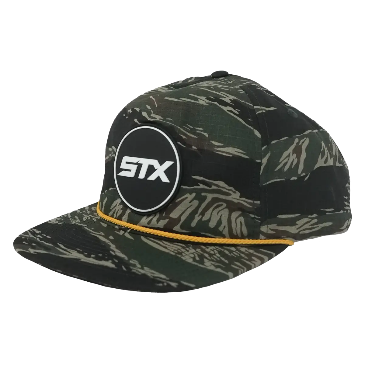 Mid-Profile Tiger Camo Design Lacrosse Hat - Athletic Gold Rope Detail, Embroidered Patch Logos, Adjustable Strap, Camo Print