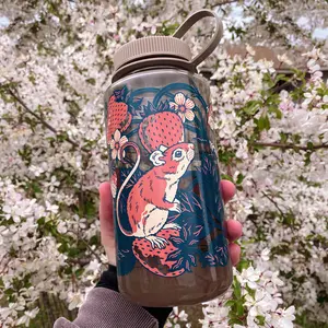 Nalgene Water Bottle - Strawberry Mice Design - 32 oz - Light Brown, Cotton - Mocha, Wide Mouth, Screw-On Lid - Reusable & Washable - BPA-Free - Portable, Lightweight, Drinkware - Great for Everyday, Camping, Hiking, Sports - Cute, Nature, Animal