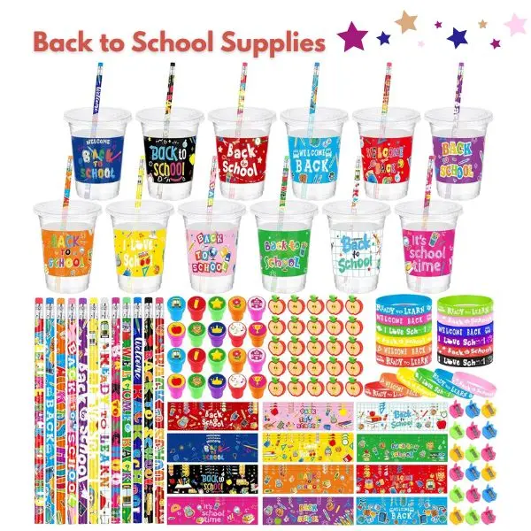 288 PCS Back to School Supplies Kit, 36 Classroom Prize Sets, First Day of School Gift Cups with Lids, Pencil Sharpeners, Erasers, Stamps, Bracelets & Reward Cards, Student Party Favors