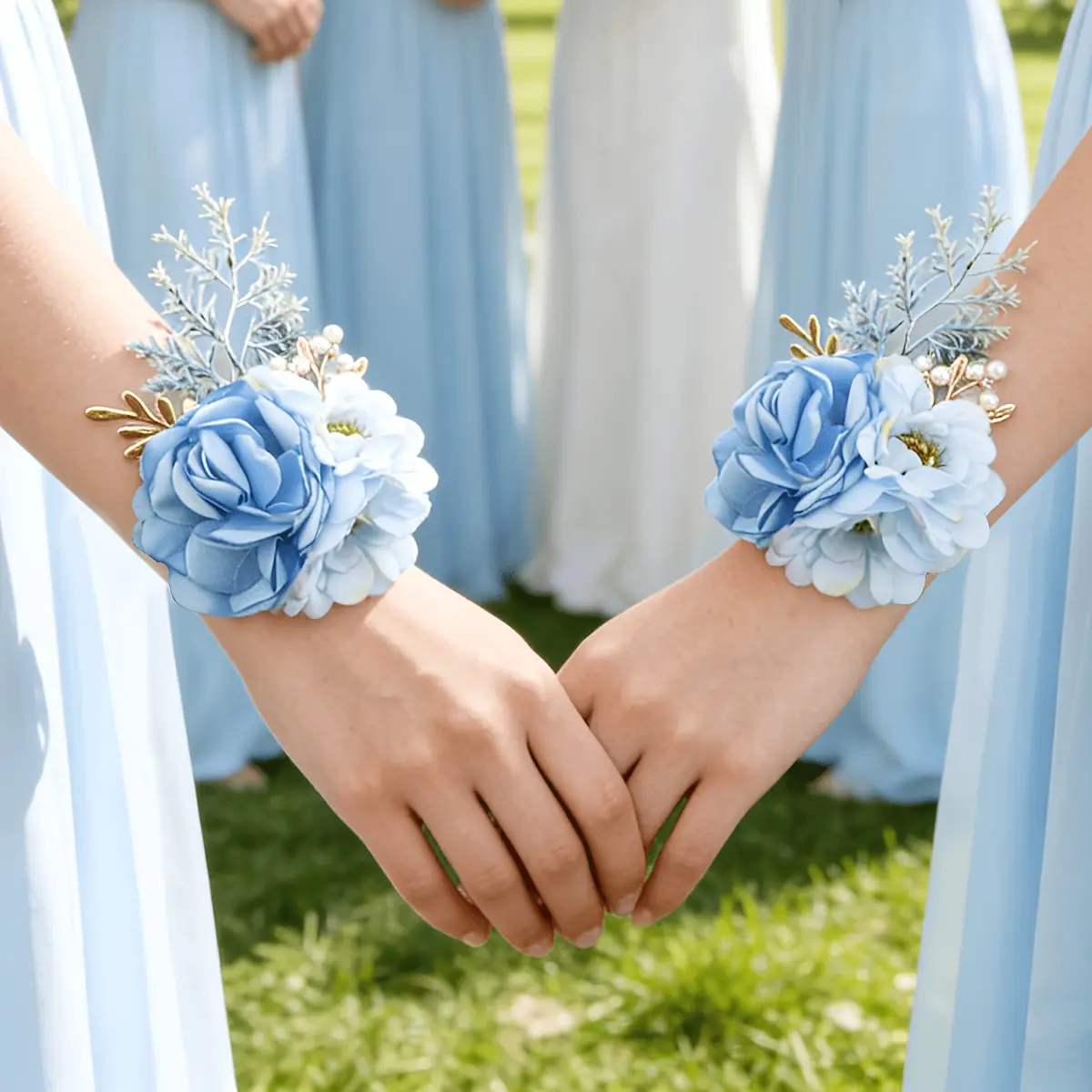 6pcs Set of Faux Light Blue Flower Wrist Corsages for Brides And Bridesmaids, Featuring Forest-Style Green Leaves Paired with Golden Leaves And Pearl Accents, Suitable for Proms, Parties, Weddings, Valentine'S Day, Spring Festivals