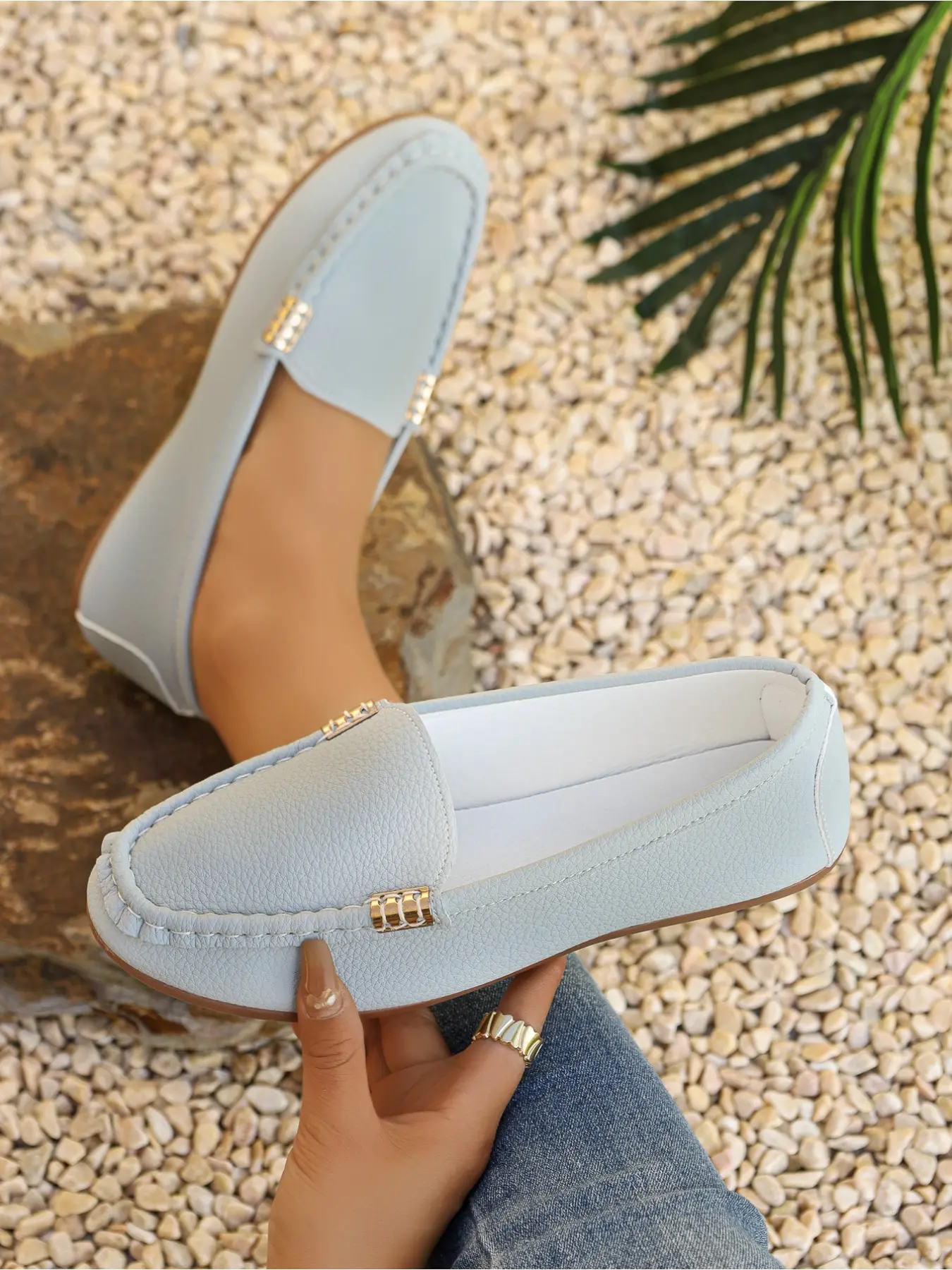 Women's Classic Multicolor Flat Shoes, Stylish Comfortable Casual Footwear, Fashionable Flats Shoes, Slip On Flats, Advanced Chic Design with Slanted Metallic Chain Decoration