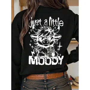 Women's Casual Half-Zip Sweatshirt, Cow Drinking Milk Tea Graphic Print, Loose Fit Long Sleeve, Fall & Winter Fashion, Perfect for Leisure Wear