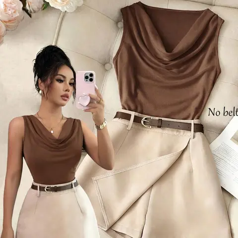 Summer New Elegant Aesthetic Fitted Skirt Set Women, Halter Sleeveless Cami Vest + High Waist A-Line Wide Leg Shorts, Casual Everyday Slim Fit, Fall & Winter Womenswear