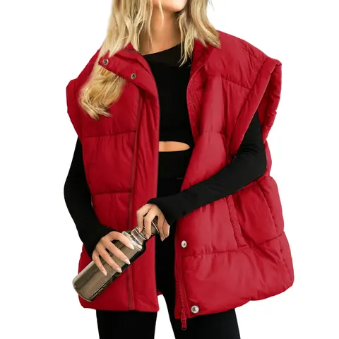 Hixiaohe Women's Solid Loose-Fitting Non-Stretch Quilted Padded Stand Collar Full-Zip Sleeveless Bubble Puffer Lightweight Vest, Plus Size Top with Drawstring, Side Pockets, Machine-Washable Outerwear for Gym, Outdoors