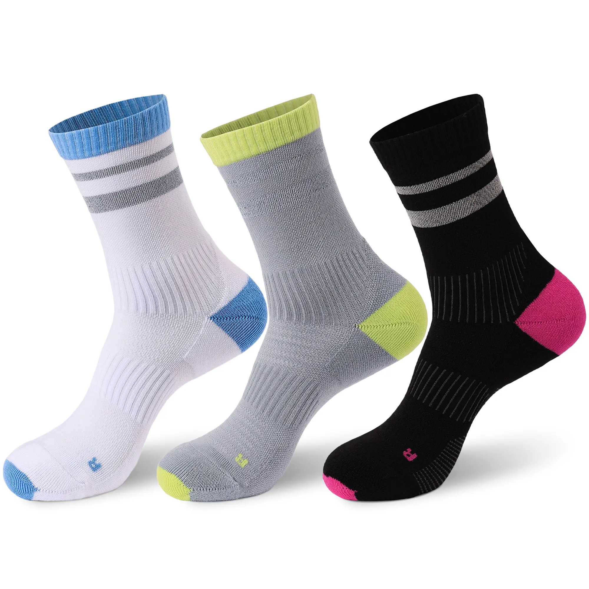 3 Pairs Cycling Socks with Reflective Yarn, Moisture Wicking, High Elasticity, Shock Absorption for Running, Cycling, Basketball, Badminton (White/Gray/Black)