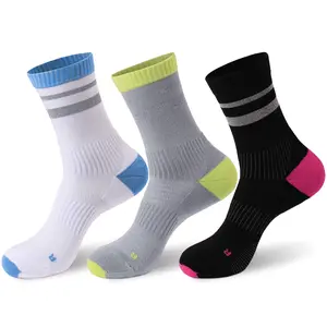 3 Pairs Cycling Socks with Reflective Yarn, Moisture Wicking, High Elasticity, Shock Absorption for Running, Cycling, Basketball, Badminton (White/Gray/Black)