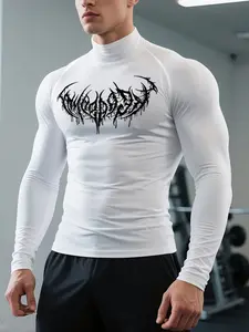Men's Death Metal Graphic Compression Shirt - Mock Neck Long Sleeve Athletic Base Layer, Black Thorn Print Slim Fit Workout Top, Athletic Tops, Quick Dry High Stretch Activewear for Gym, Running, Streetwear Gift for Metalheads & Fitness Enthusiasts