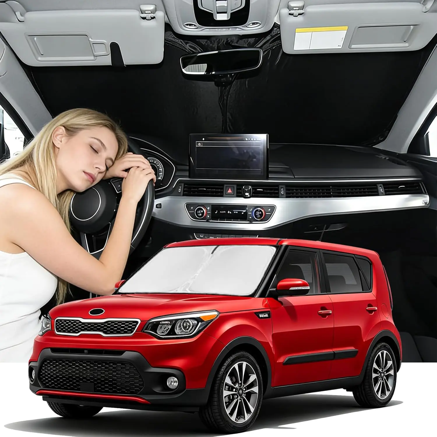 Custom Fit Windshield Sun Shade Accessories for Kia Soul 2014-2019, Foldable Front Window Sunshade, UV & Heat Reflector, Keeps Interior Cool, Includes Storage Bag