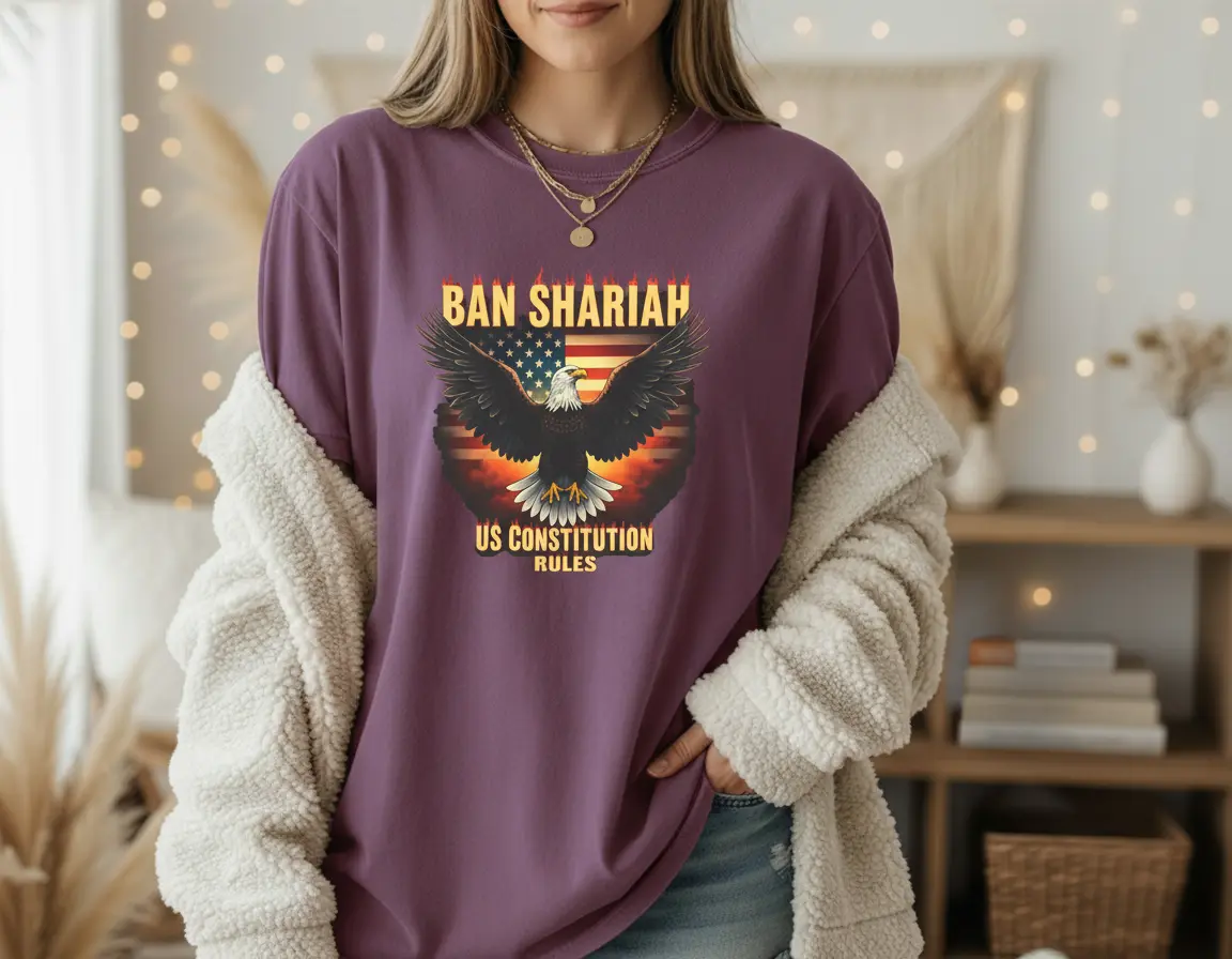 Ban Shariah US Constitution Rules Tee | Comfort Colors Patriotic Eagle Shirt | American Flag Graphic Tee | Conservative Political Apparel
