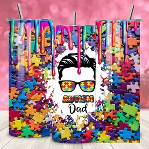 Autism Dad Tumbler with Vibrant Puzzle Pieces and Drip Design for Unique Gift