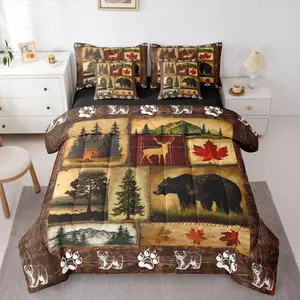 Rustic Farmhouse 7 Piece Comforter Set,Bed in A Bag Hunting Bear Deer Wildlife Bedding Set,Country Barn Cabin Deocr Sheet Set with Comforter Retro Maple Leaves Plaid Duvet Insert