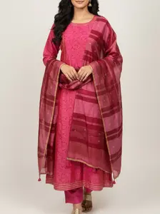 Pink Kurti & Shawl Silk/Cotton  Set 2 Piece Festive A-Line 3/4 Sleeve 2PS-5