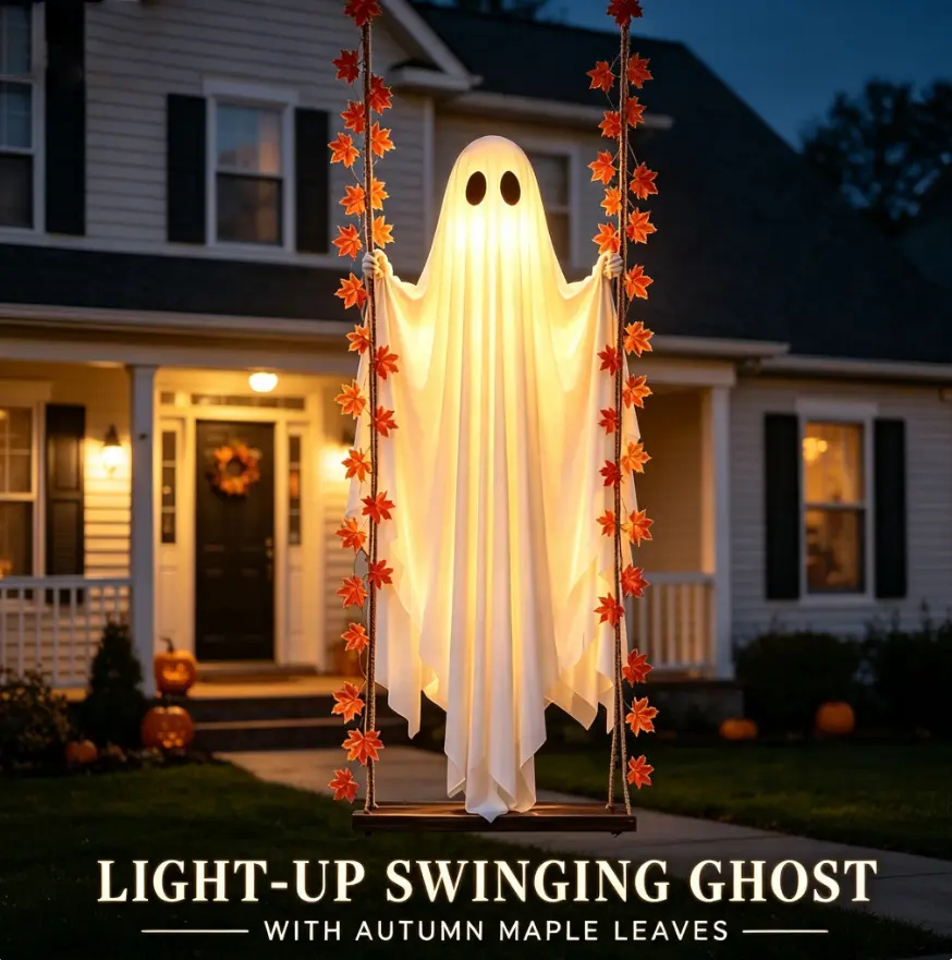 Light‑Up Swinging Ghost Halloween Decoration, Hanging Glowing Ghost Swing with Autumn Maple Leaves, Spooky Fall Porch Yard Outdoor Halloween Party Decor