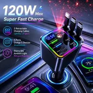 [Father's Day Gift] Amazing Car Charger: 120W Fast Charging Station with 3 Built-in Cables & 4 Ports | LED Voltage Display & RGB Light | Universal for iPhone, Android, Samsung | Road Trip Essentials