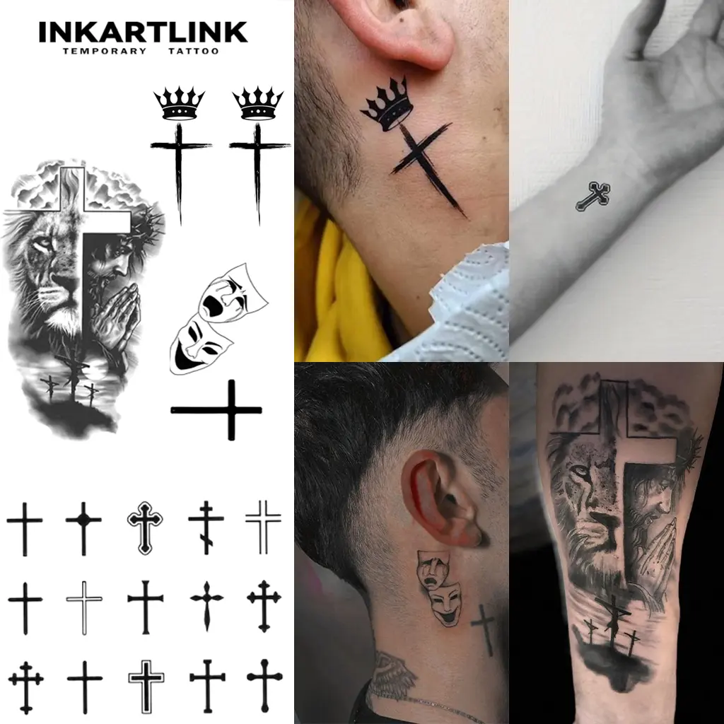 INKARTLINK Cross Tattoo Tech 2 Sheets Semi-Permanent Waterproof Temporary Tattoos for Men and Women Lasts 1-2 Weeks Realistic Look No Adhesive No Reflection Ideal for Swimming Party Henna Stencil