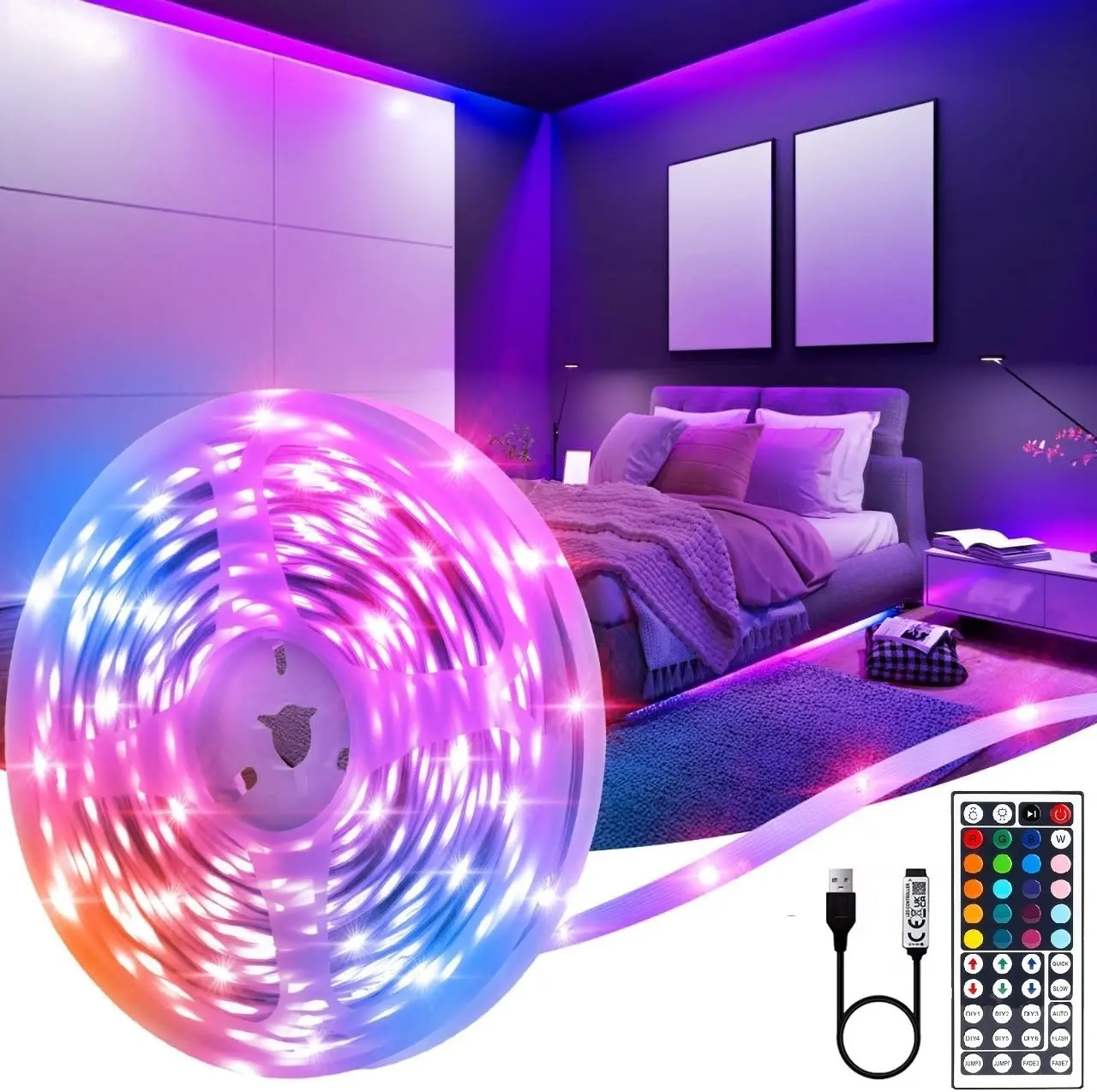 5050 RGB Color Changing Flexible LED Strip Lights, 5V USB Powered with 44-Key Remote for Bedroom, Kitchen Decoration
