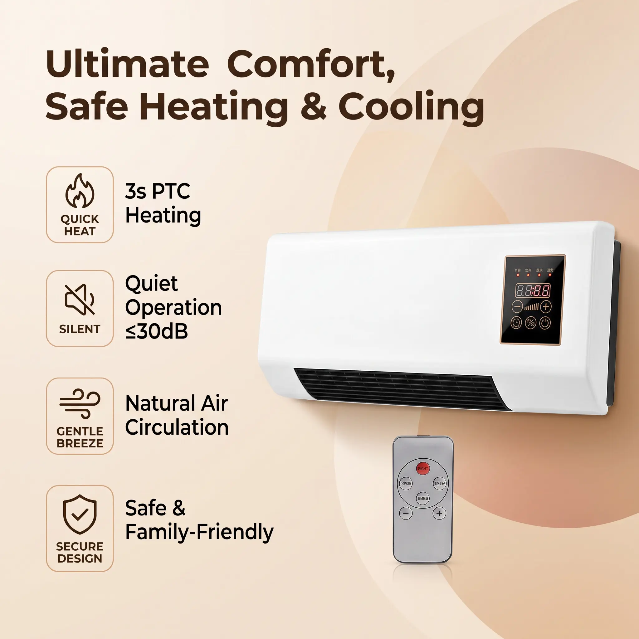 1800W Wall‑Mount Portable Fan Heater, 2‑in‑1 Natural Cooling Fan & Space Heater with Remote Control 6 Hour Timer for Bedroom Living Room Office