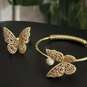 Golden Butterfly Set Bracelet and Ring for Women - Elegant Jewelry Set with Intricate Design and Pearl Accent