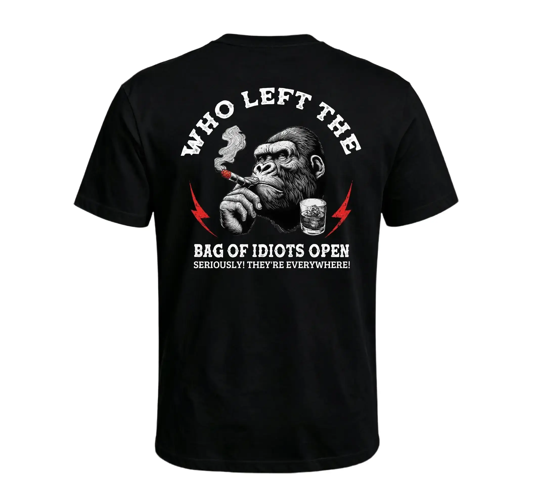 Men's Cotton Fabric Round Neck T-Shirt - Lightweight, Breathable All-Season Classic Casual Top with Funny Quote "Who Left The Bag Of Idiots Open" Monkey Design, Tshirt, Reinforced Stitch