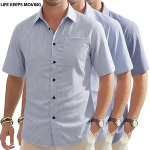 LIFE KEEPS MOVING Men’s Casual Striped Short-Sleeve Shirt Set, Lightweight Breathable Fabric, Comfortable Fit, Suitable for Beach Vacations, Summer Gatherings, and Wedding Occasions; Casual Straight-Collar Shirt with a Wide Lapel Design