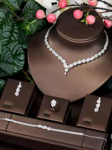 Women's Elegant Rhinestone Decor Jewelry Set, 5pcs/set Exquisite Trendy Chain Necklace & Earrings & Bracelet & Ring, Fashionable Luxury Jewelry Set for Party Decoration