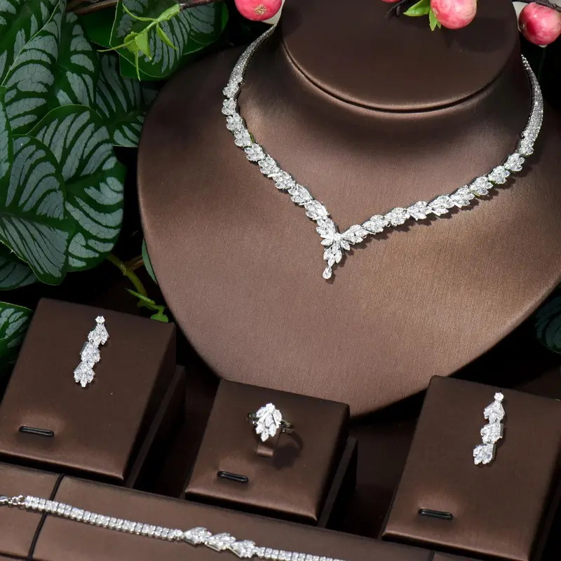 Women's Elegant Rhinestone Decor Jewelry Set, 5pcs/set Exquisite Trendy Chain Necklace & Earrings & Bracelet & Ring, Fashionable Luxury Jewellery Gift Set for Party Decoration