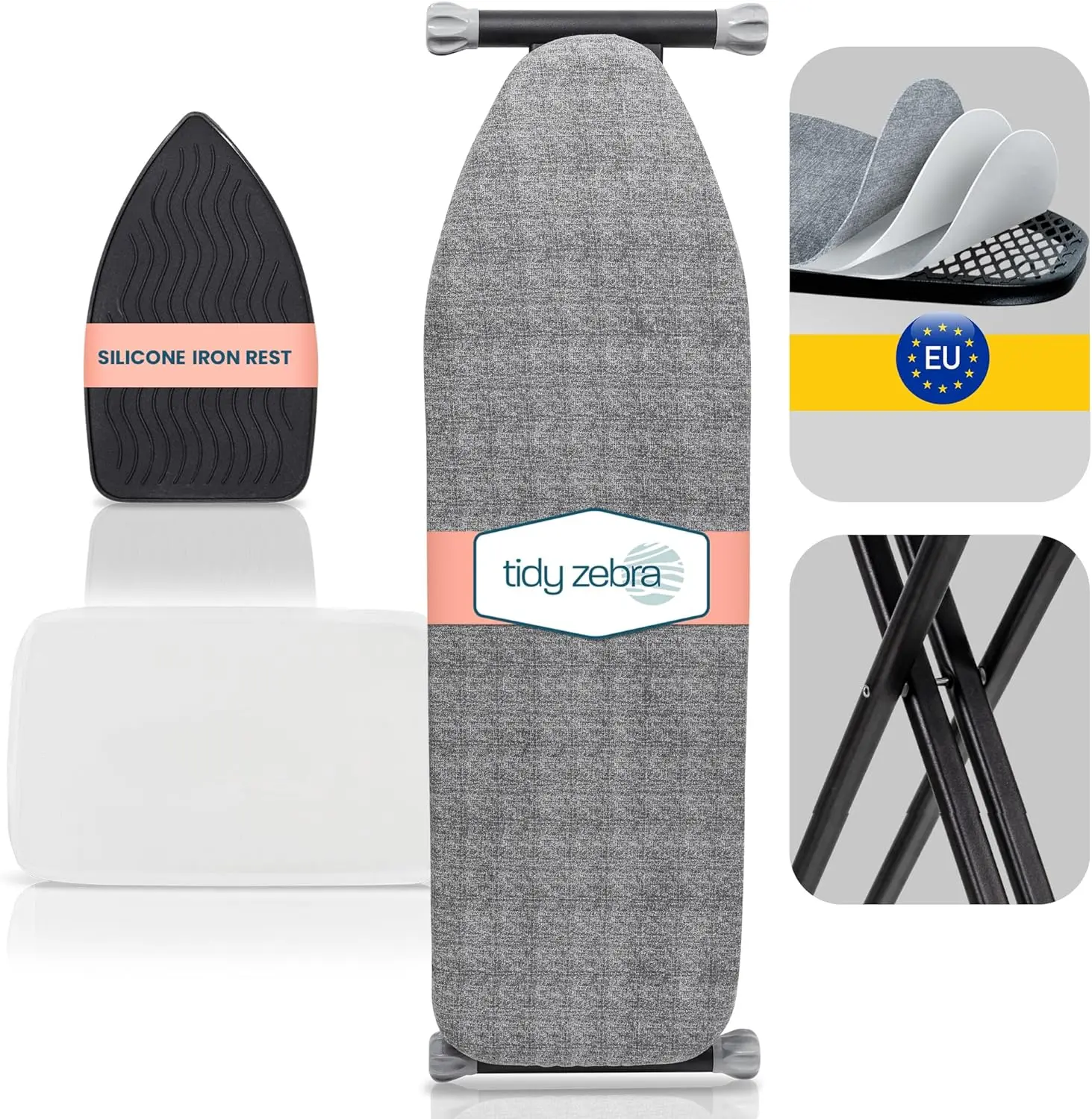 Extra Sturdy Compact Ironing Board Full Size - European Made Iron Board with Extra Thick Sturdy Legs That Will NOT Shake – Non Slip Iron Table with Metal Hook, Iron Rest & Mesh Included!