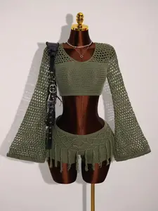 Olive Crochet Two-Piece Set, Flare Sleeve Tie Crop Top, Fringe Mini Skirt, Summer Beach Holiday Boho Style, Hollow Out Knit Sweater