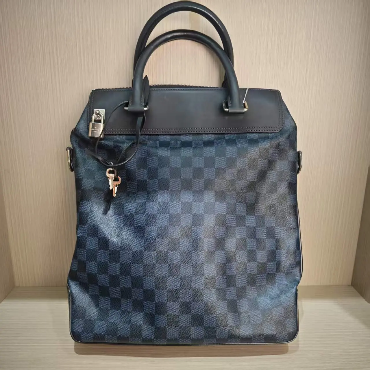 Pre-owned Louis Vuitton Leather Blue Checkered Briefcase Laptop Bag MSSJ