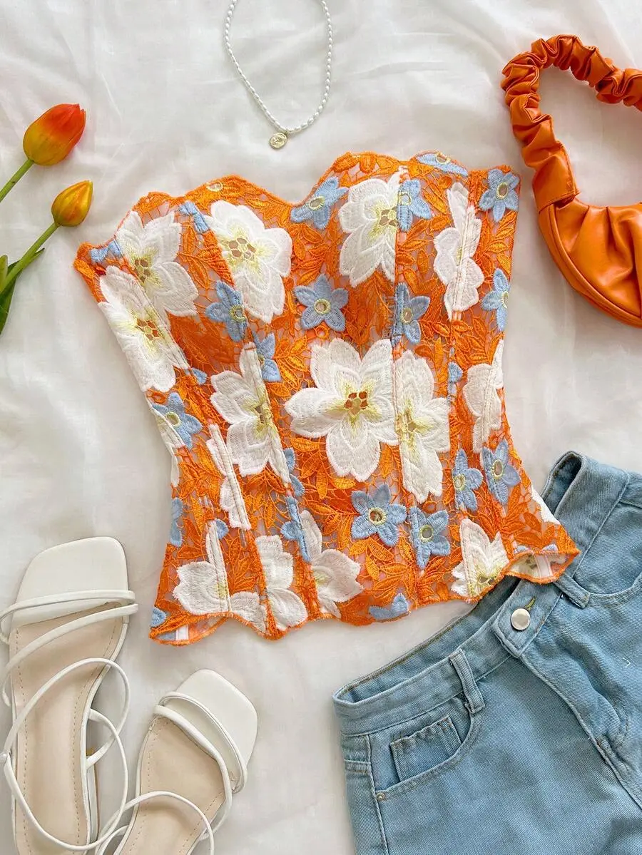 Orange Floral Summer Boho Holiday Vacation Holiday Bandeau Lace Double-Layer Fitted Corset Bustier Top, Hollow Embroidered , Women No Chest Padding