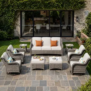 【Deals For You】OVIOS Kenard 9-Piece Outdoor Patio Furniture Set with Swivel Rocking Chairs, All-Weather Wicker Conversation Set with Curved Armrests & Cushions for Backyard, Patio, Porch, Deck & Garden