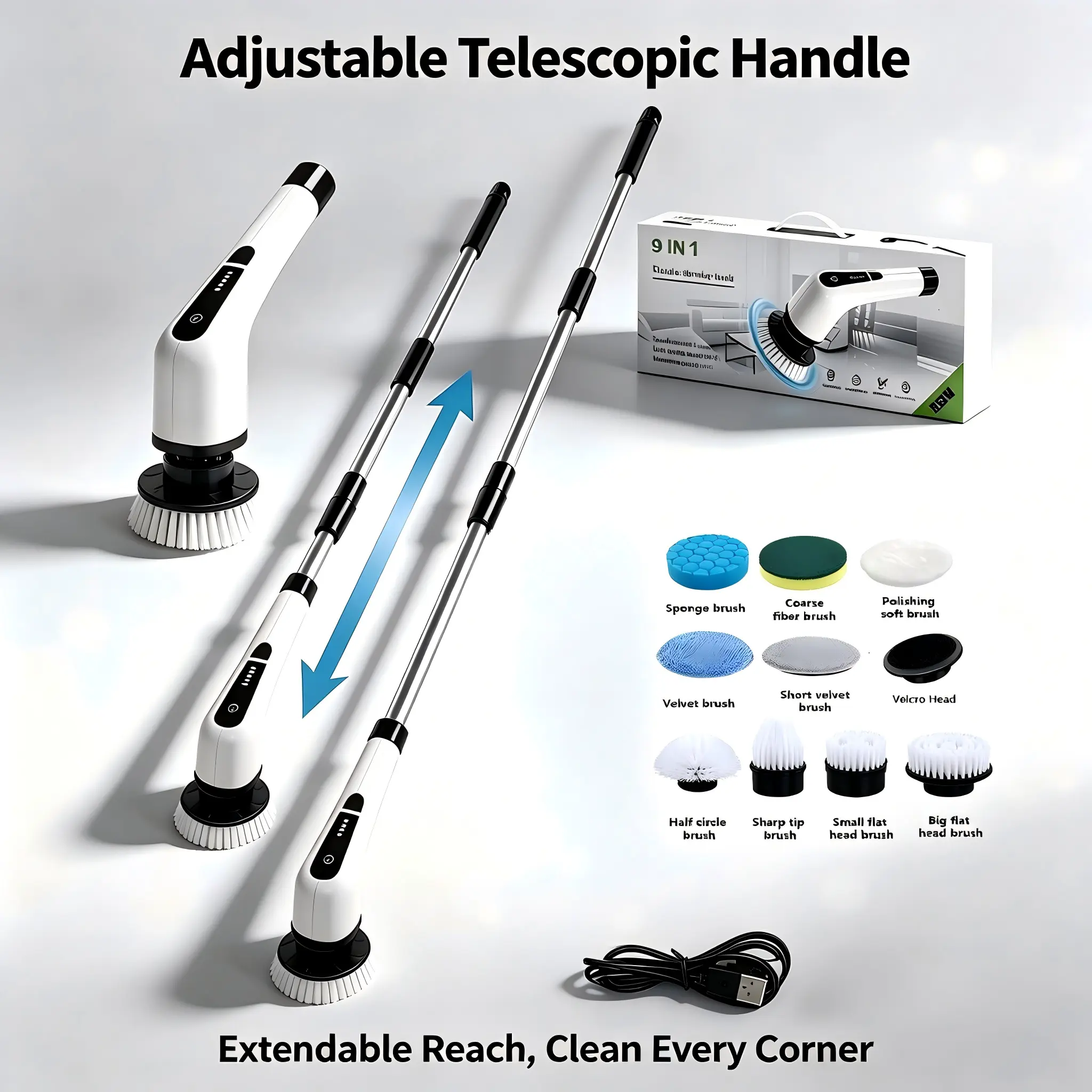 Electric Spin Scrubber, Cordless Shower Scrubber, IPX7 Waterproof Power Scrubber, Electric Cleaning Brush with 9 Replaceable Brush Heads, 3-Length Extendable Handle, 5 Speed Modes, LED Display, USB-C for Bathroom, Bathtub, Kitchen & Home#tiktokshopstockup