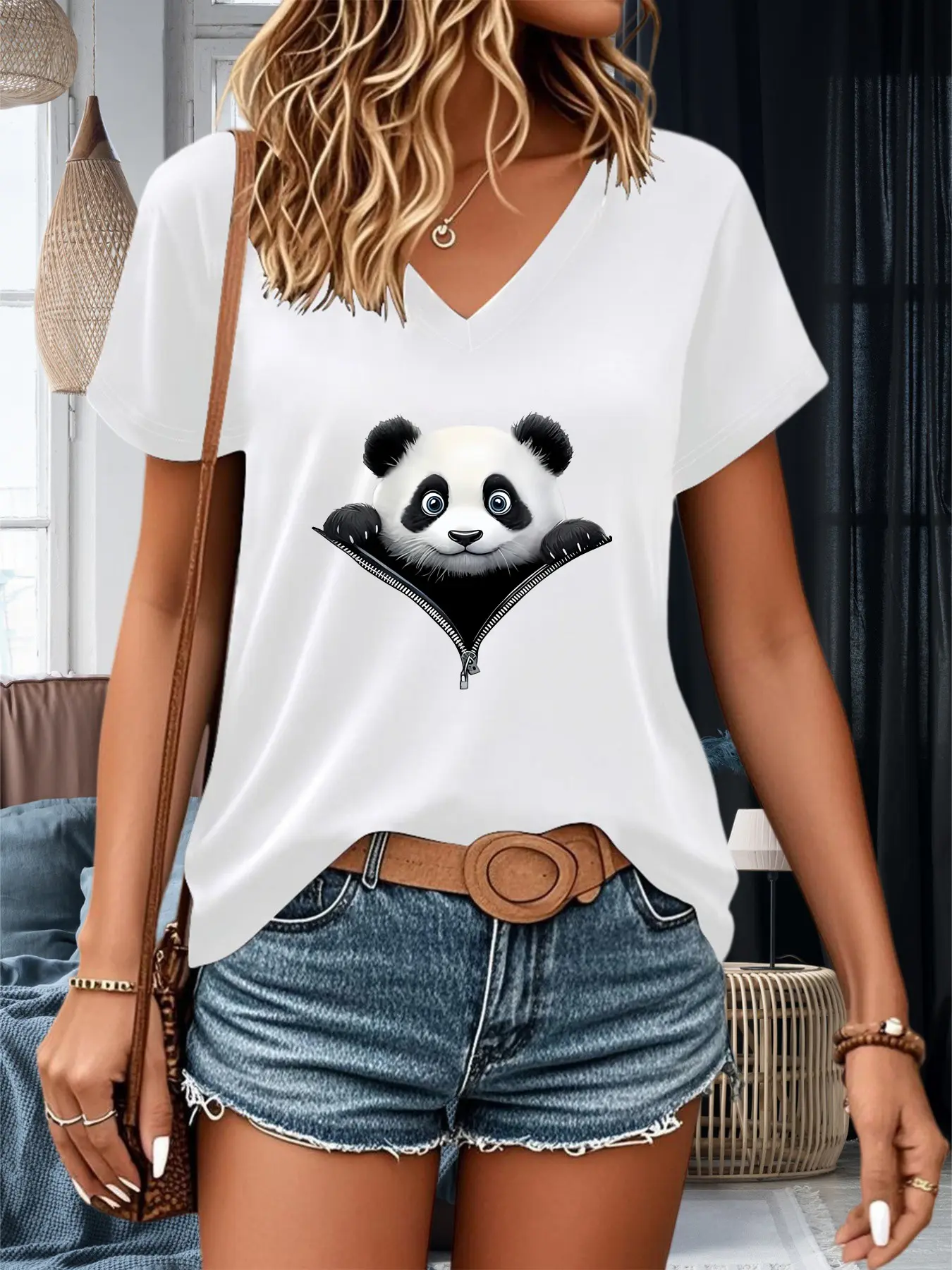 Women's Casual Short Sleeve T-Shirt, Cartoon Panda Print, Summer Lightweight Comfortable Tee, V Neck, Women's Clothing