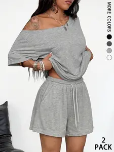 2pcs/Set Women's Minimalist Basic Daily Wear Going Out Sport Comfortable Off Shoulder T-Shirt And Shorts Two Pieces Outfits,Casual Comfortable Summer, Trendy Ladies Fashion Ensemble