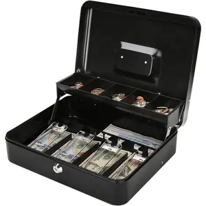 PIOK&GO Locking Cash Box with Lock,Money Box with Cash Tray,Lock Safe Box with Key,Money Saving Organizer,.81Lx 9.45Wx 3.54H Inches,Black XL Large
