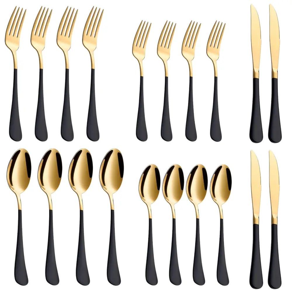 20-Piece Black & Gold Silverware Set, 18/0 Stainless Steel Colorful Handle Flatware Set, Service for 4, Modern Cutlery Set Includes Dinner Knives Forks Spoons, Mirror Polished, Dishwasher Safe